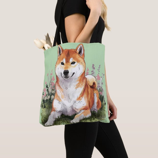 Shiba Inu Chien Vert Sac fourre-tout Aquarelle Art (De près)
