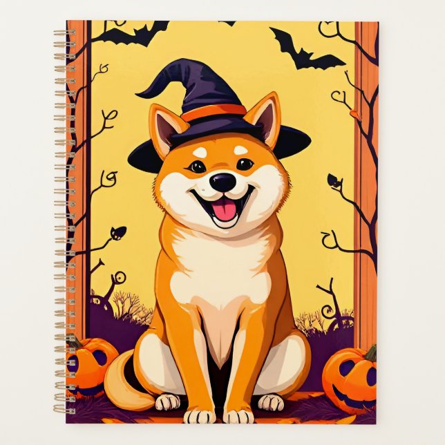 Shiba Inu mignon avec un chapeau de sorcière (Devant)