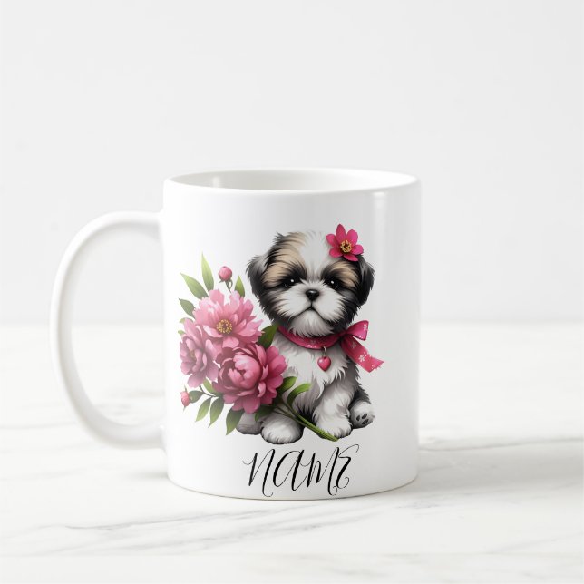Shih Tzu Café Mug - Cute Chiot avec Fleurs Cadeau (Gauche)