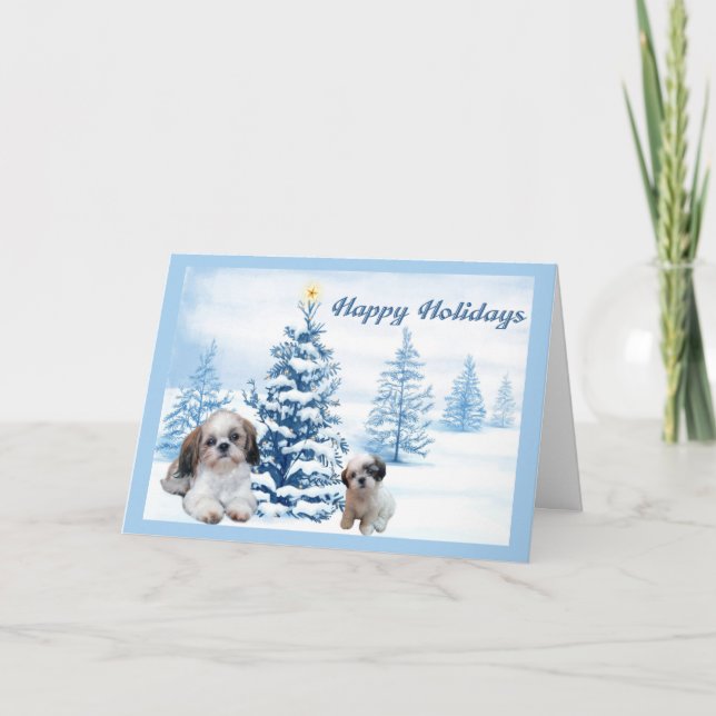 Shih Tzu Carte de Noël Arbre Bleu (Devant)