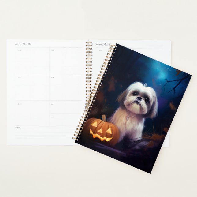 Shih Tzu Halloween avec citrouilles effrayant (Devant avec enveloppe)