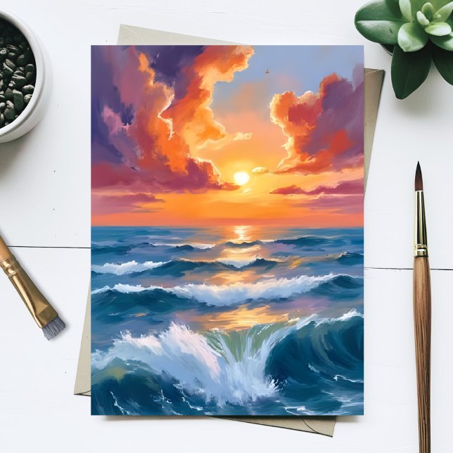 Shimmering Sea Sunset Ocean Watercolor Paint Card (Créateur téléchargé)