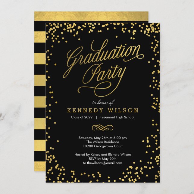 Shiny Confetti Graduation Party Invitation Black (Devant / Derrière)