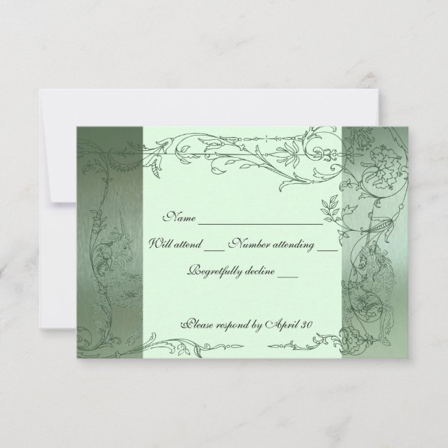 Shy Unicorn Green Metallic rsvp avec enveloppes (Devant)