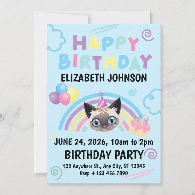 Siamese Cat Birthday Invitation in Blue (Devant)