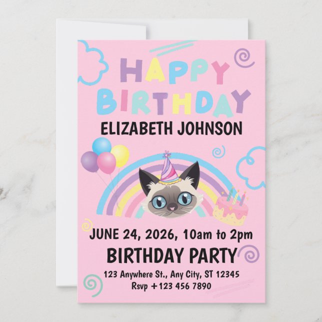 Siamese Cat Birthday Invitation in Pink (Devant)