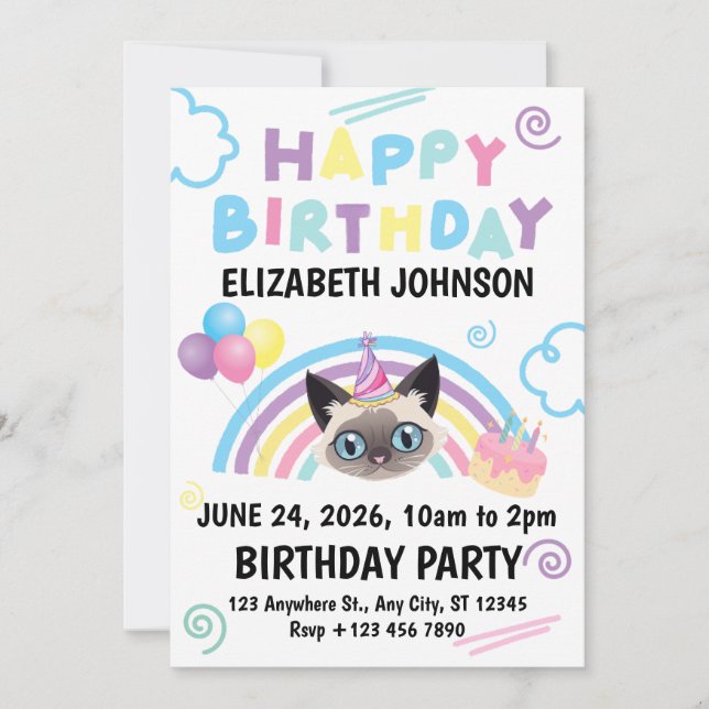 Siamese Cat Birthday Invitation in White (Devant)