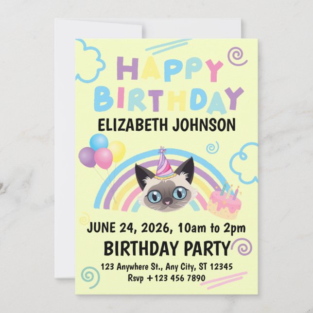 Siamese Cat Birthday Invitation in Yellow (Devant)