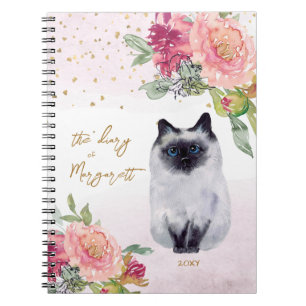 Siamese Cat Illustration Fleurs Girl Daily Journal