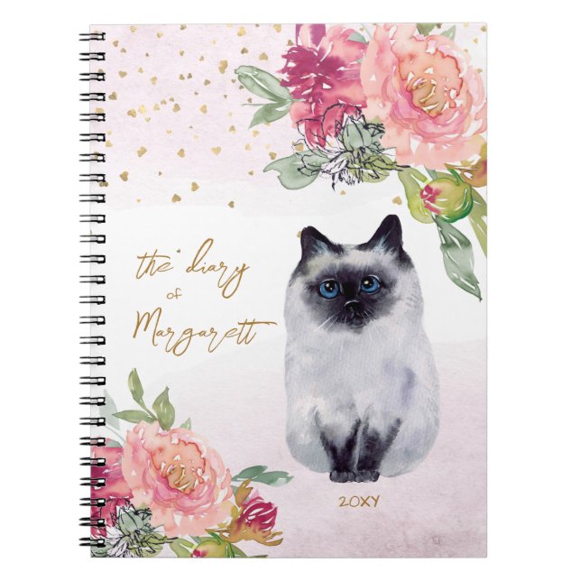 Siamese Cat Illustration Fleurs Girl Daily Journal (Devant)