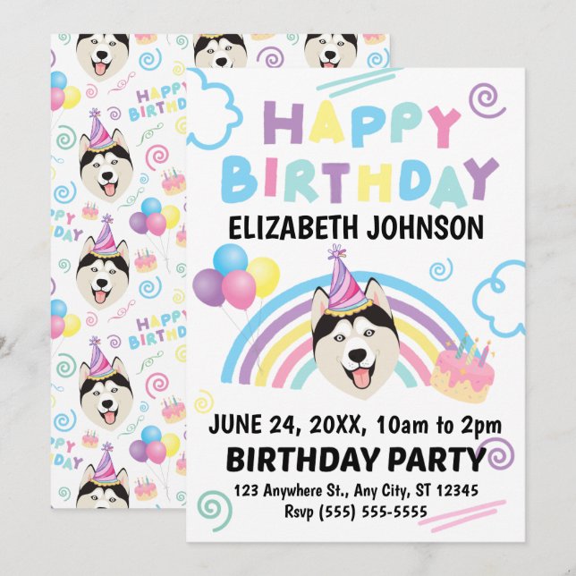 Siberian Husky Birthday Invitation (Devant / Derrière)