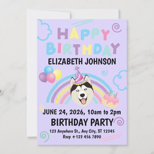 Siberian Husky Birthday Invitation in Purple (Devant)