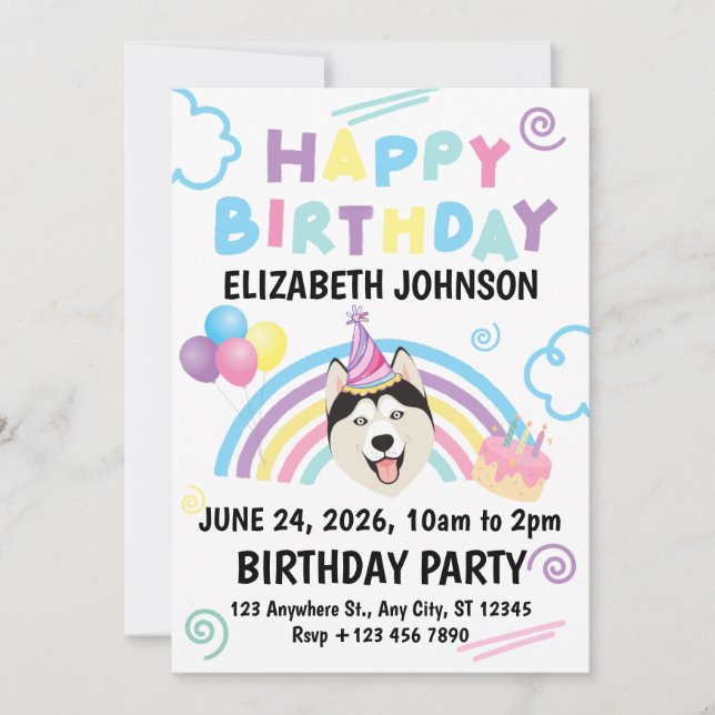 Siberian Husky Birthday Invitation in White (Devant)