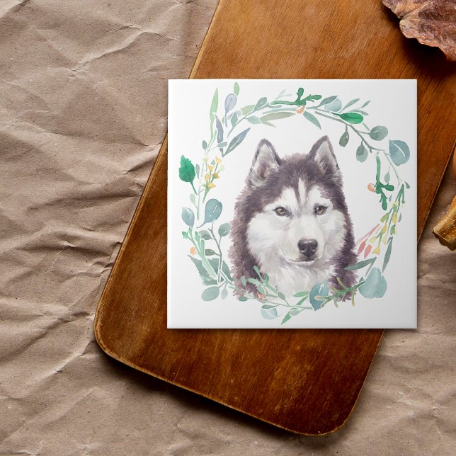 Sibérie Husky Aquarelle Wreath Carreaux en céramiq (Créateur téléchargé)
