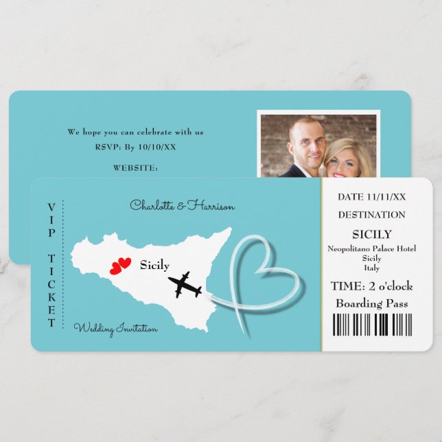 Sicile Destination Mariage Billet Invitation (Devant / Derrière)