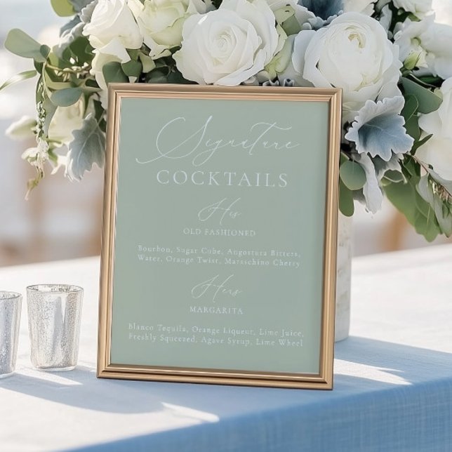 Signature Boire Sage Vert & Blanc Mariage Menu (Signature Drink Sage Green & White Wedding Menu)