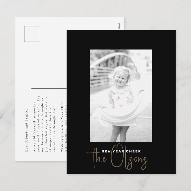 Signature Cheer Chic Noir Nouvel An Photo Carte po (Devant / Derrière)