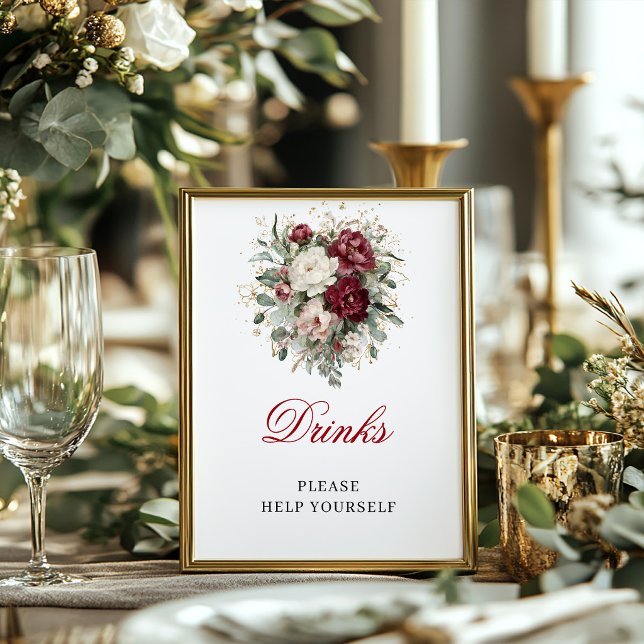 Signe de décoration de table de boissons bordeaux  (Luxe Blush Burgundy Drinks Tabletop Decor Sign)