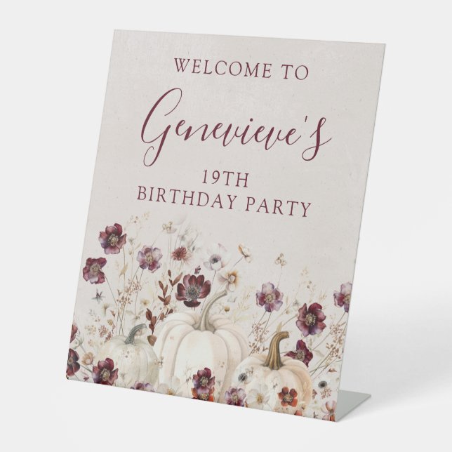 Signe De Table 19e anniversaire Citrouille Fleur sauvage Bienvenu (Recto)