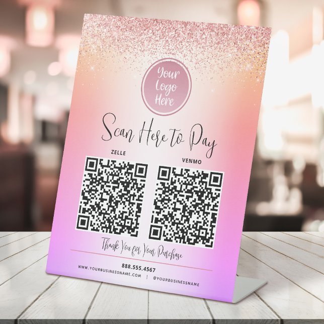 Signe De Table 2 Code QR Logo Paillettes Rose Ombre Arc-en-Ciel P (Créateur téléchargé)