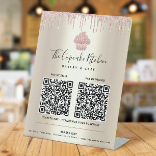 Signe De Table 2 Code QR Paie ici Cupcake Rose Pailleté Drips Or
