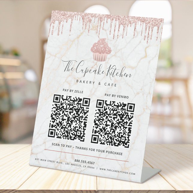 Signe De Table 2 Code QR Paie ici Cupcake Rose Pailleté Marbre (Créateur téléchargé)