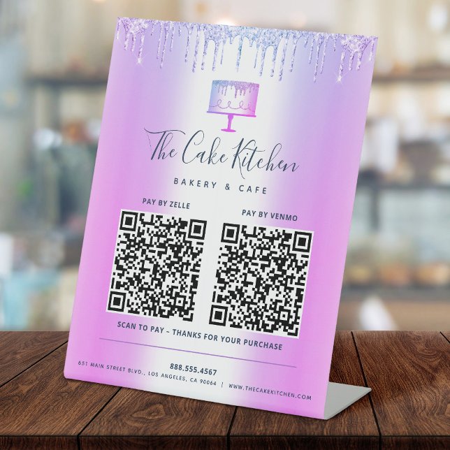 Signe De Table 2 Code QR Paiement ici Bakery Gâteau Violet Glitte (Créateur téléchargé)