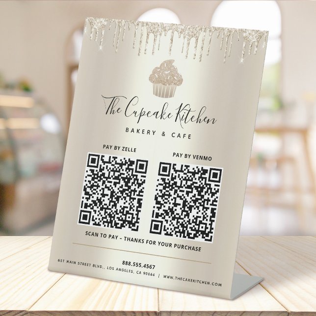 Signe De Table 2 Code QR Paiement Ici Cupcake Doré Paillettes Bou (Créateur téléchargé)