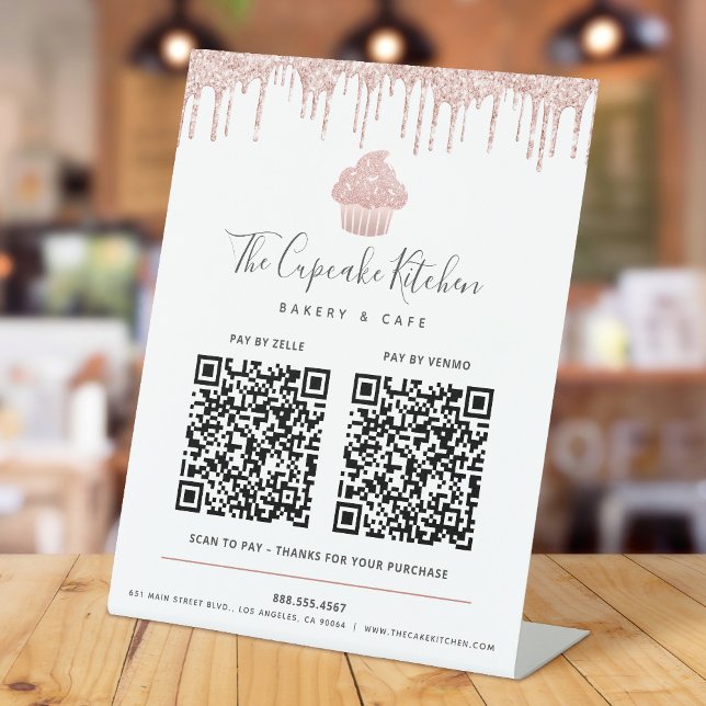 Signe De Table 2 Code QR Paiement Ici Cupcake Pailleté Rose Gold  (Créateur téléchargé)