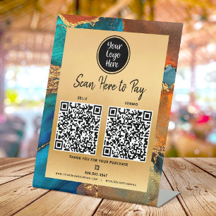 Signe De Table 2 Code QR Paiement Ici Logo Or Turquoise Bleu Agat