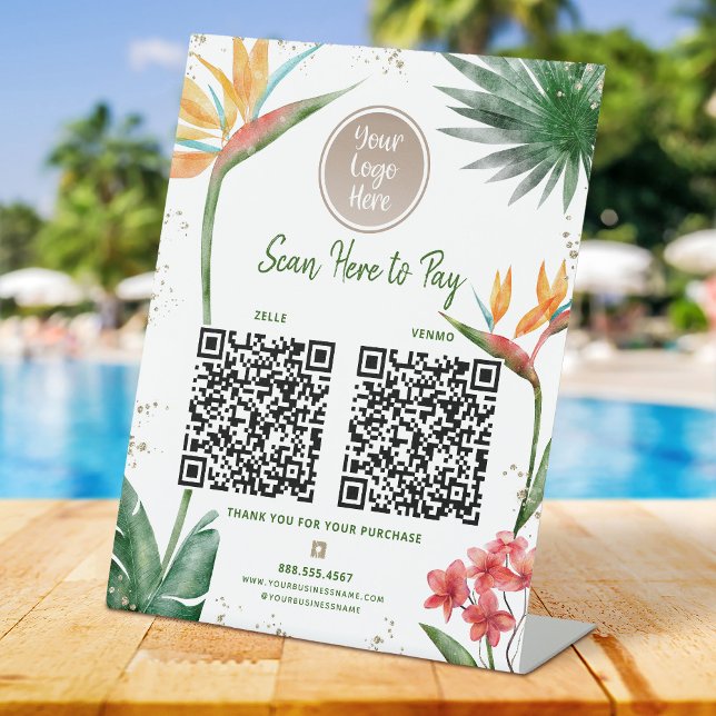 Signe De Table 2 Code QR Paiement Ici Logo Tropical Palmier Paill (Créateur téléchargé)