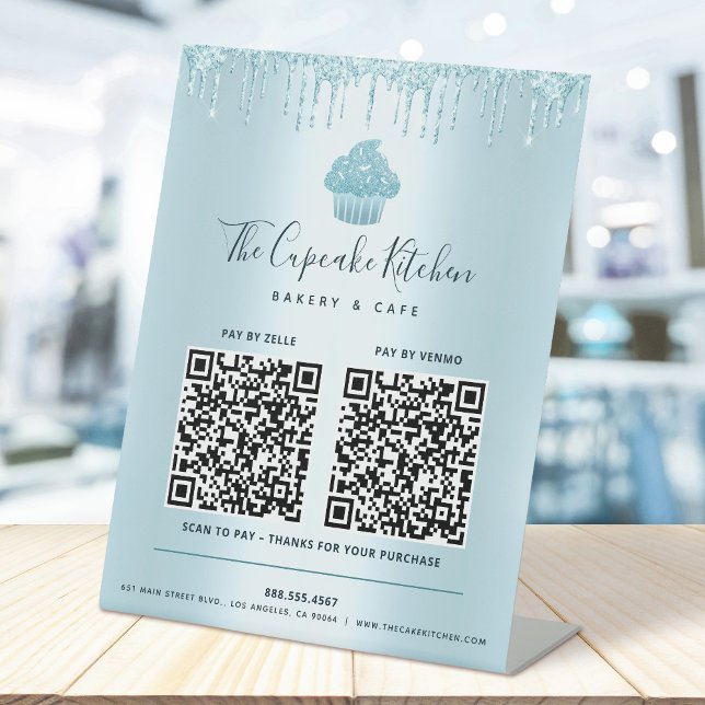 Signe De Table 2 Code QR Payer ici Cupcake Bleu Pailleté Boulange (Créateur téléchargé)