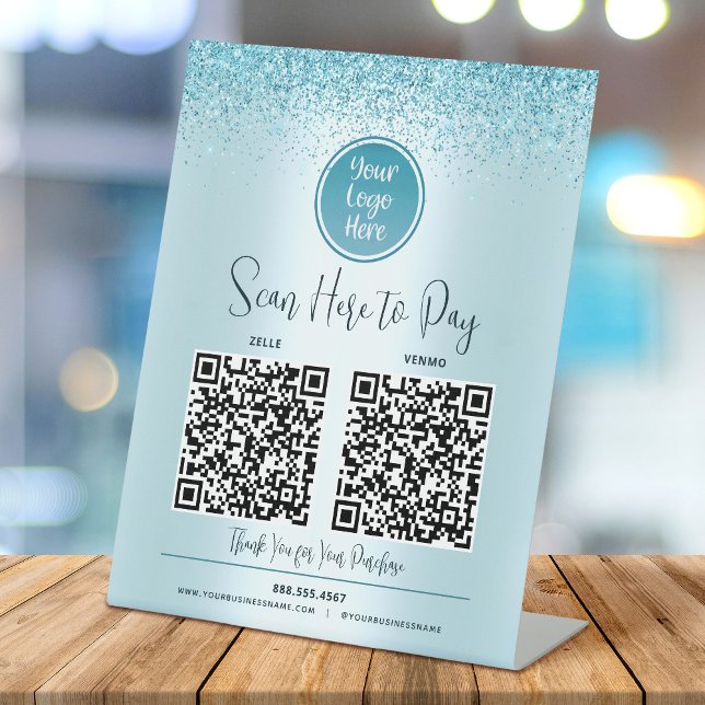 Signe De Table 2 Code QR Turquoise Paillettes Logo Personnalisé P (Créateur téléchargé)