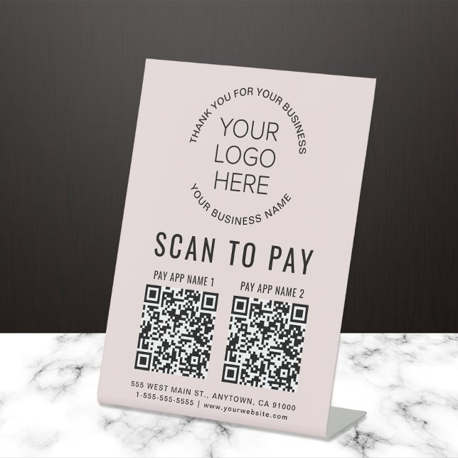 Signe De Table 2 codes QR Logo Entreprise Rose Scannez pour Payer (Créateur téléchargé)