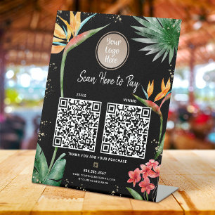 Signe De Table 2 Codes QR Paiement Ici Logo Palmier Tropical Noir