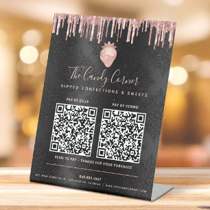 Signe De Table 2 Codes QR Paiement Ici Rose Paillettes Fraise Noi