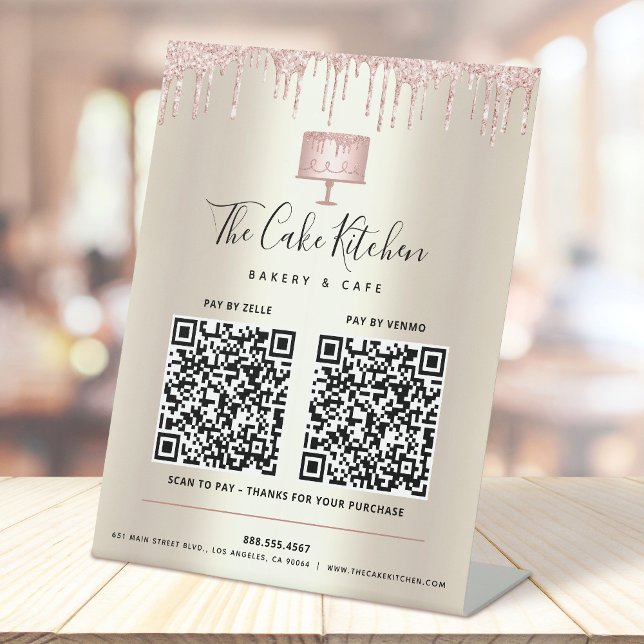 Signe De Table 2 Codes QR Payer ici Boulangerie Gâteau Rose Paill (Créateur téléchargé)