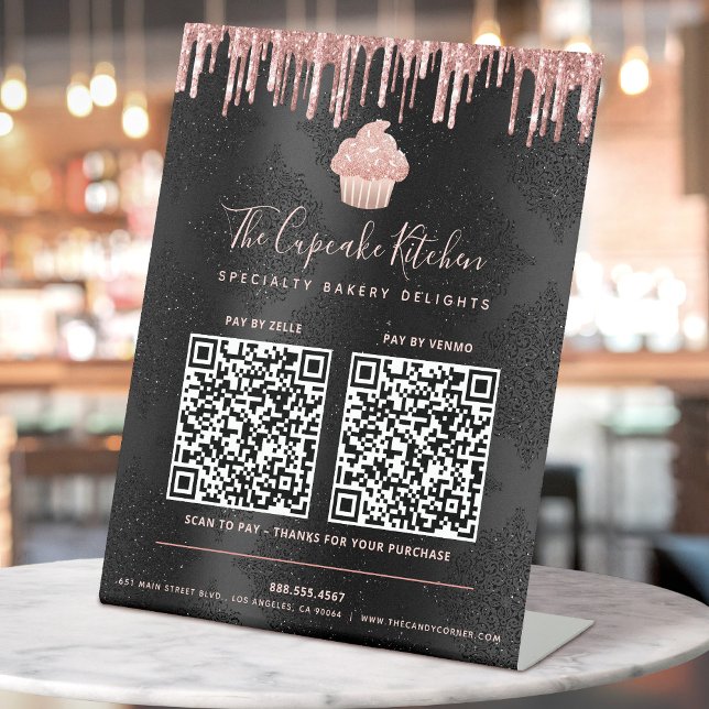 Signe De Table 2 Codes QR Payer ici Cupcake Rose Pailleté Noir (Créateur téléchargé)