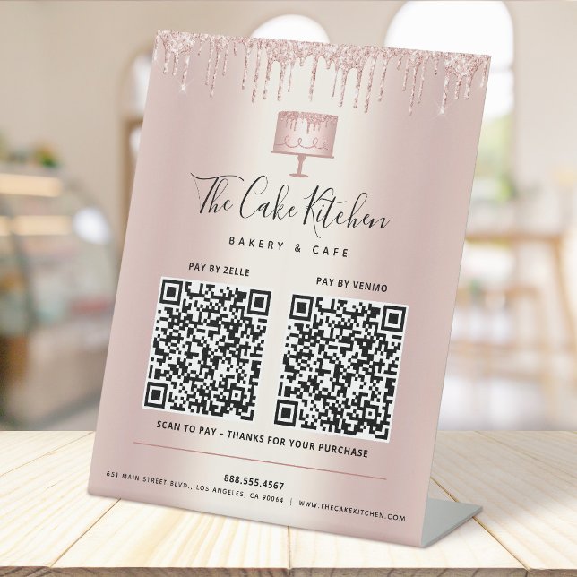 Signe De Table 2 Codes QR Payer ici Rose Gold Gâteau Boulangerie  (Créateur téléchargé)