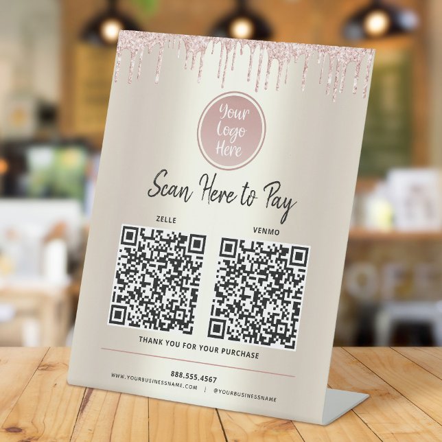 Signe De Table 2 codes QR Payez ici Parties scintillant rose or l (Créateur téléchargé)