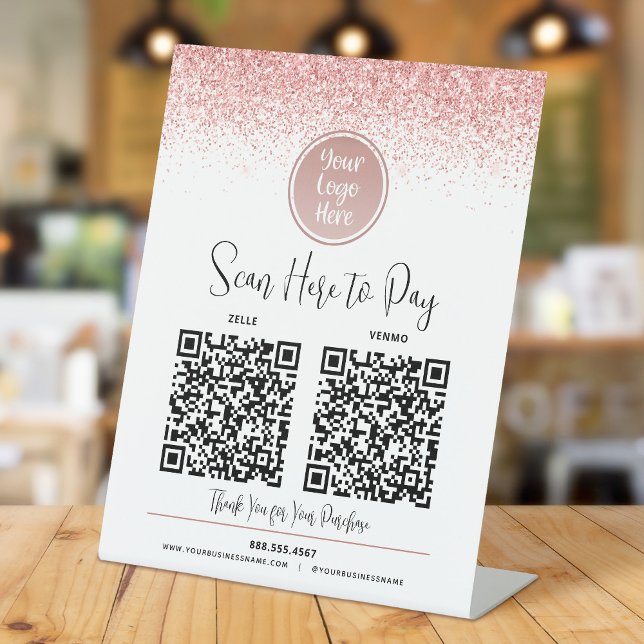 Signe De Table 2 codes QR Rose Paillettes Logo personnalisé Payer (Créateur téléchargé)