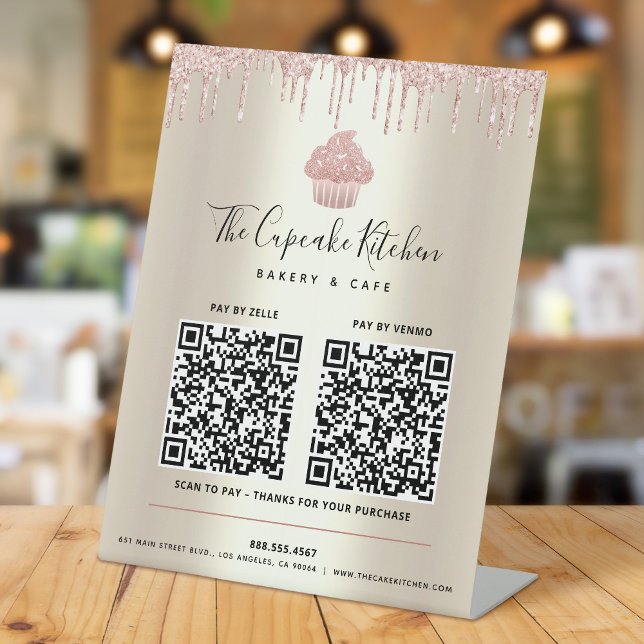 Signe De Table 2 QR Code Payer ici Pink Cupcake Parties scintilla (Créateur téléchargé)