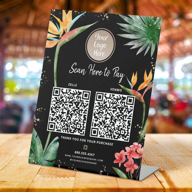 Signe De Table 2 QR Codes Payer ici Logo Palm Tropical Black Gold (Créateur téléchargé)