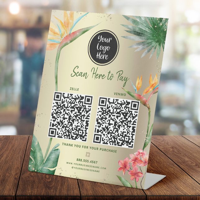 Signe De Table 2 QR Codes Payer ici Logo Tropical Palm Gold Foil (Créateur téléchargé)