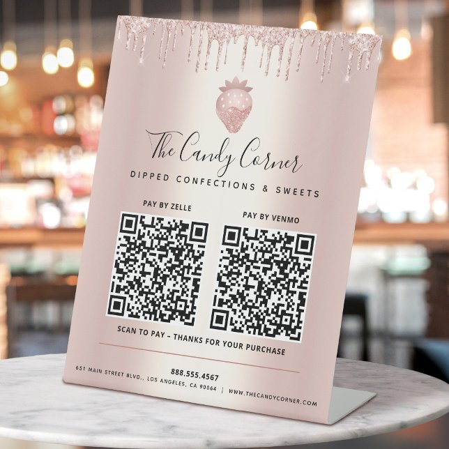 Signe De Table 2 QR Codes Payer ici Rose Gold Parties scintillant (Créateur téléchargé)