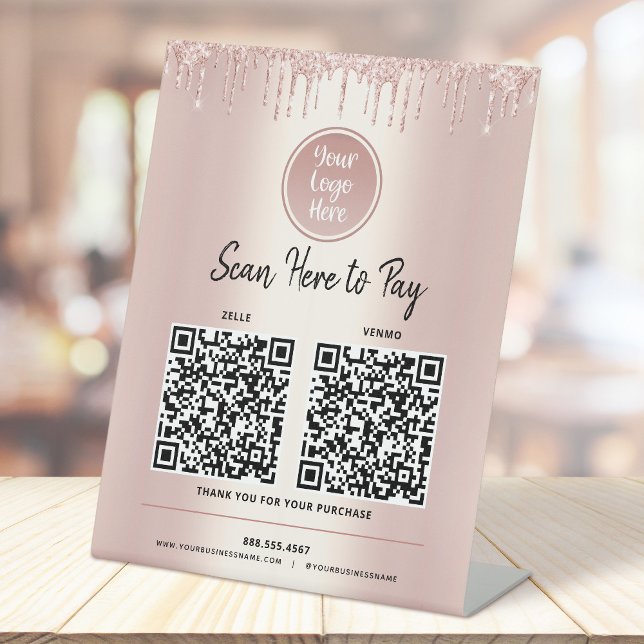 Signe De Table 2 QR Codes Payer ici Rose Gold Parties scintillant (Créateur téléchargé)