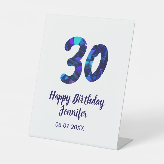 Signe De Table 30e anniversaire ajouter nom date année bleu étinc (Recto)