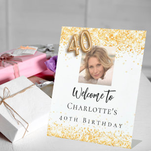 Signe De Table 40e anniversaire blanc or photo confetti bienvenue