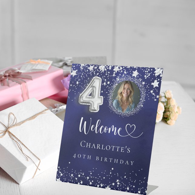 Signe De Table 40e anniversaire bleu argent étoiles photo bienven (Créateur téléchargé)