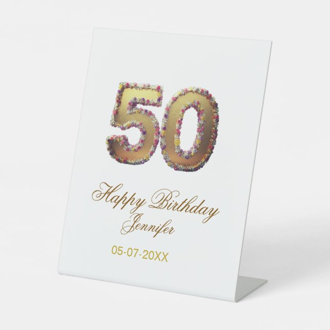 Signe De Table 50e anniversaire ajouter nom date année or floral  (Recto)